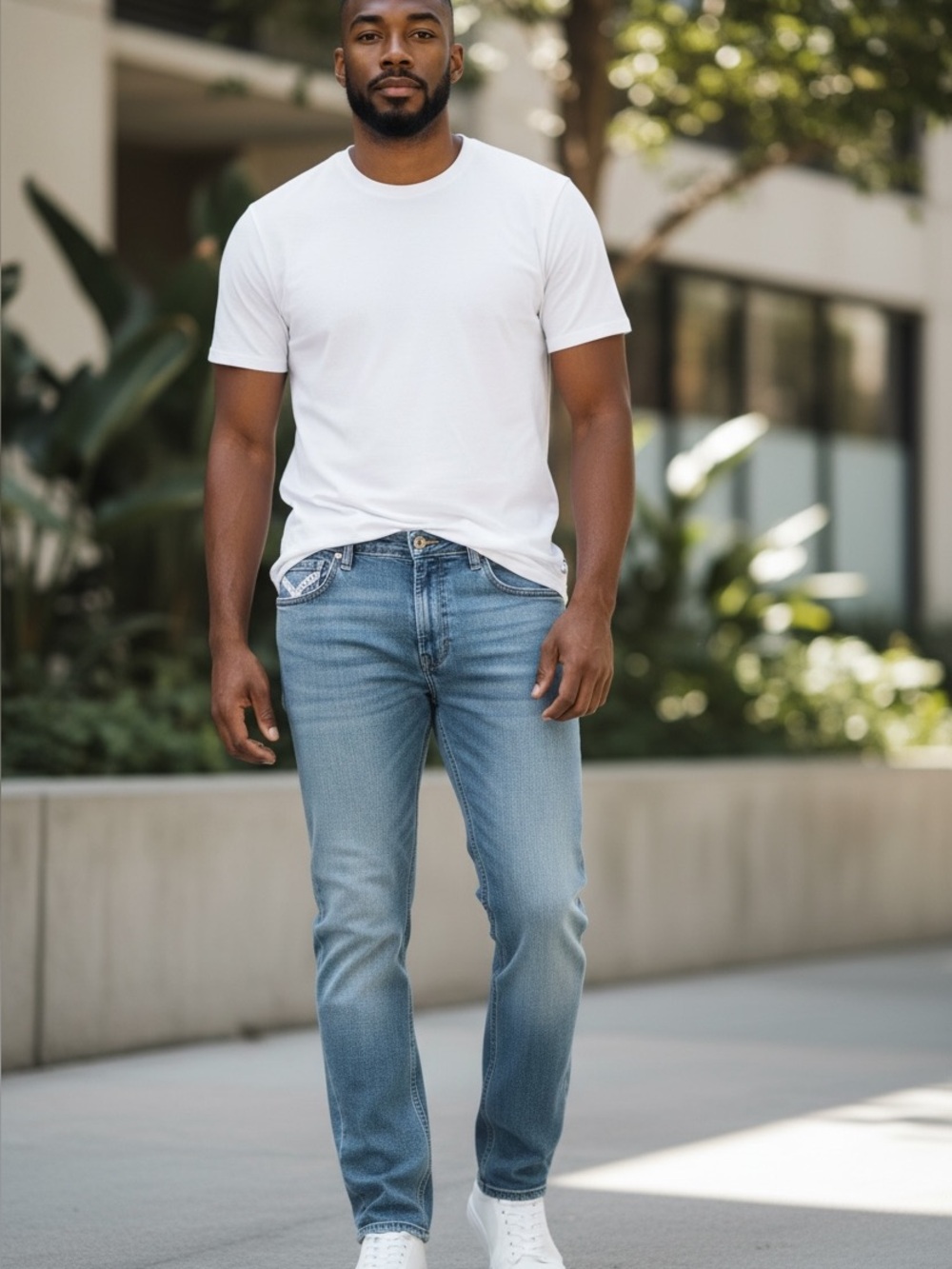 YASO Men's Light Blue Straight Leg Jeans with Braided Pocket Detail